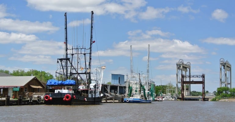 shrimp boats at dock along canal
