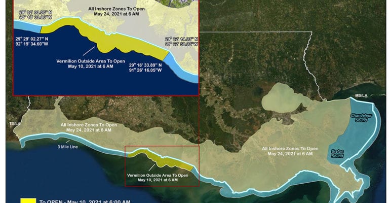Louisiana coastal map showing inside waters opening May 24, 2021